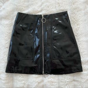 Black Shiny Faux Leather Nylon Mini Skirt